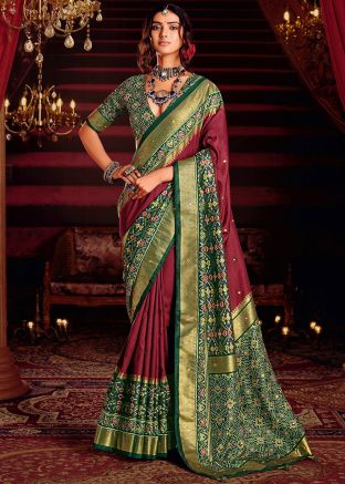 Wine Woven Border Saree In Silk