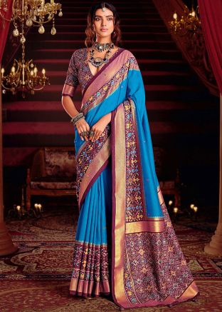 Blue Printed Silk Saree With Blouse