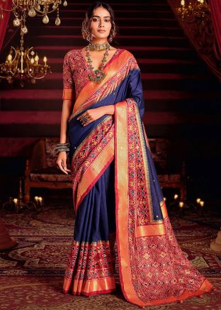 Navy Blue Woven Saree & Blouse