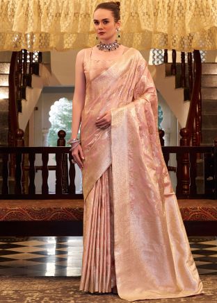 Peach Zari Woven Silk Satin Saree