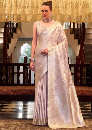 Pink Zari Woven Saree In Satin