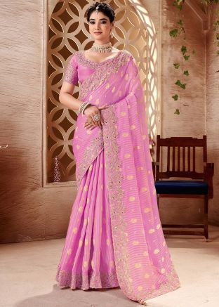 Pink Embroidered Saree In Viscose