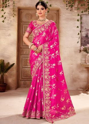 Pink Embroidered Saree In Viscose