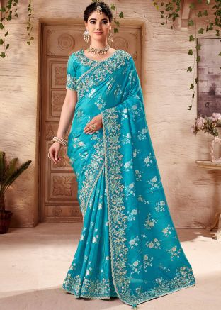 Blue Embroidered Viscose Saree