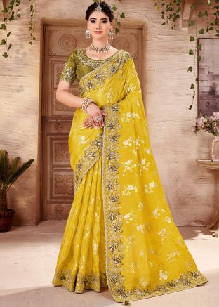 Yellow Embroidered Saree In Viscose