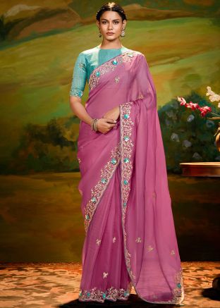 Pink Embroidered Saree In Organza