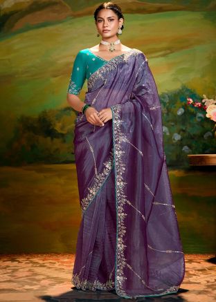 Purple Organza Saree With Woven Blouse