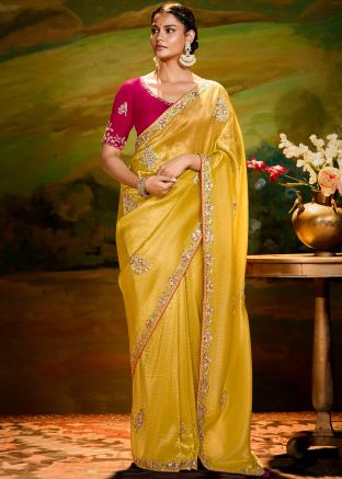 Yellow Embroidered Saree In Organza