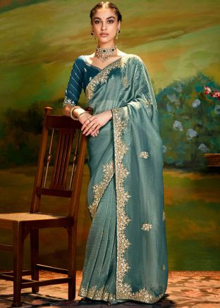 Blue Embroidered Saree In Organza