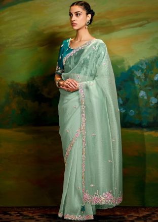 Green Embroidered Organza Saree