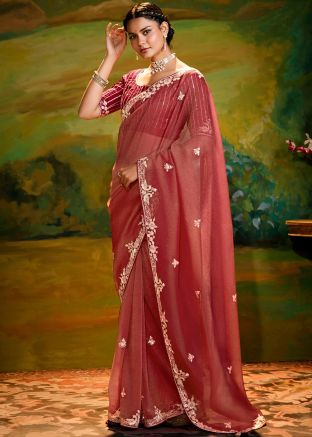 Red Embroidered Saree In Organza