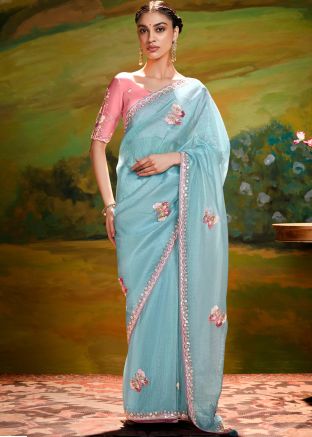 Blue Embroidered Organza Saree
