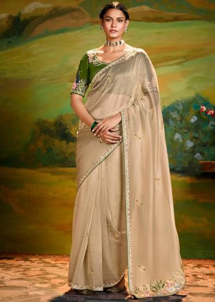 Brown Embroidered Saree In Organza
