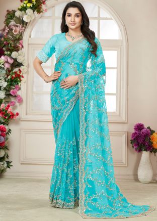 Blue Embroiderdd Saree In Organza