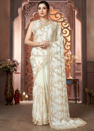 White Sequin Work Saree In Organza
