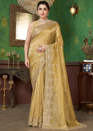 Yellow Embroidered Saree In Banarasi Silk