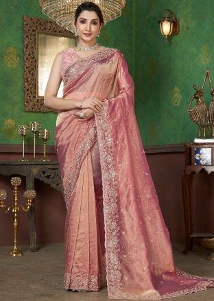 Pink Embroidered Banarasi Silk Saree