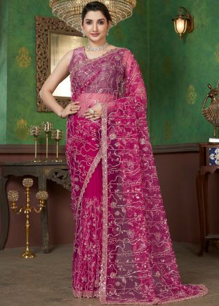 Pink Embroidered Net Saree