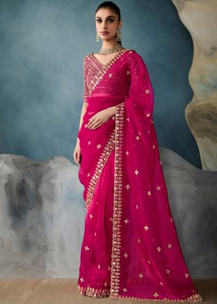 Pink Embroidered Saree In Tussar Silk