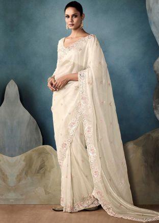 Cream Embroidered Tussar Silk Saree