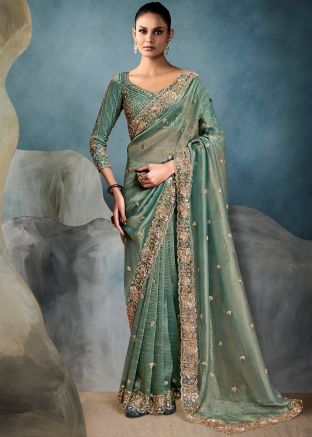 Green Embroidered Saree In Tussar Silk