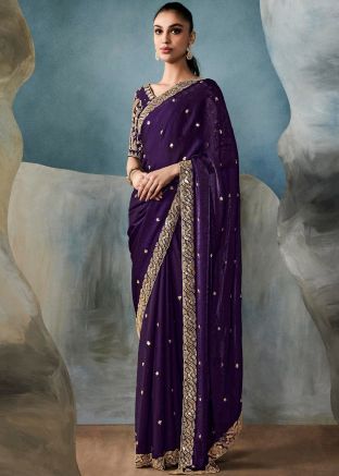 Purple Embroidered Saree In Tussar Silk