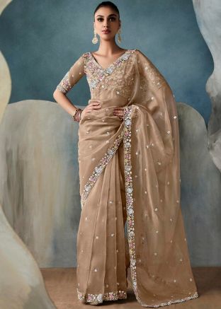Brown Sequin Work Saree In Tussar Silk