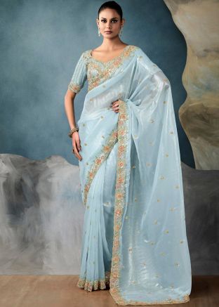 Blue Embroidered Saree In Tussar Silk