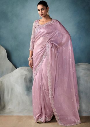 Pink Embroidered Saree In Tussar Silk