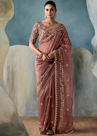 Mauve Pink Embroidered Saree In Tussar Silk