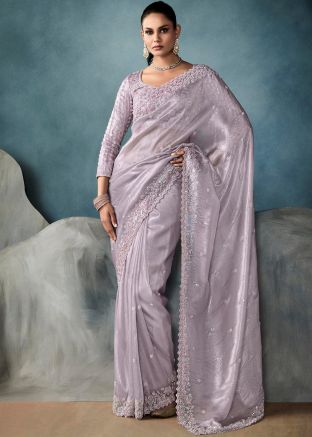 Purple Embroidered Saree In Tussar Silk