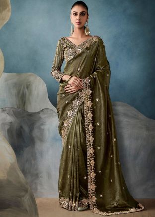 Green Embroidered Saree In Tussar Silk