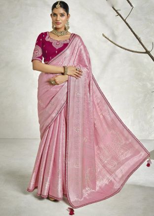 Pink Silk Woven Saree With Blouse