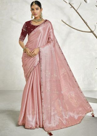 Pink Woven Silk Saree With Blouse