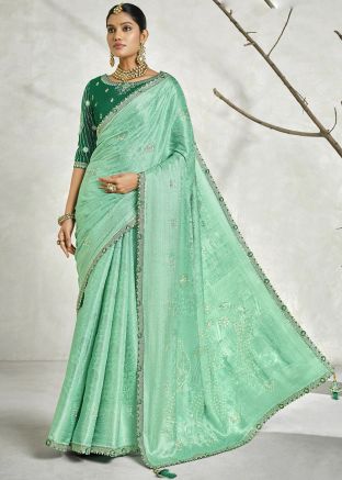 Turquoise Woven Silk Saree With Blouse