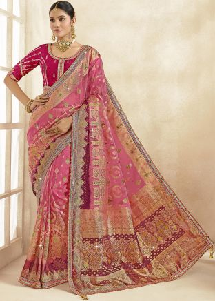 Pink Zari Woven Silk Saree