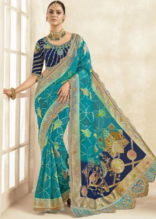 Blue Silk Saree In Woven Work