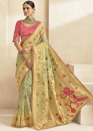 Sage Green Silk Saree In Woven Work