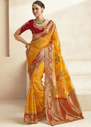 Yellow Silk Saree In Woven Work