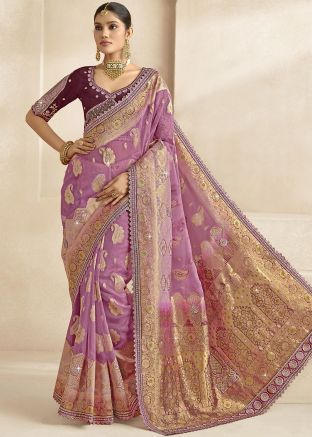 Pink Saree In Woven Work