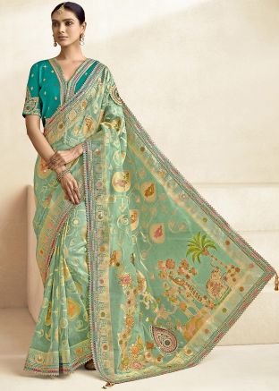 Light Blue Silk Saree In Woven Work