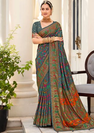 Grey Floral Print Tussar Silk Saree