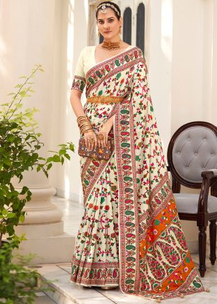Off White Tussar Silk Floral Print Saree