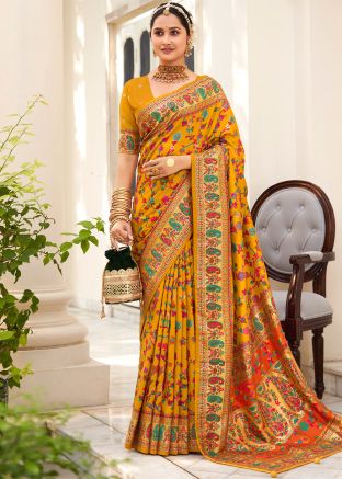 Yellow Tussar Silk Floral Print Saree