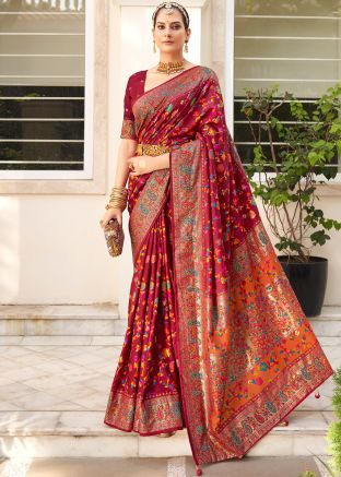 Maroon Tussar Silk Floral Print Saree