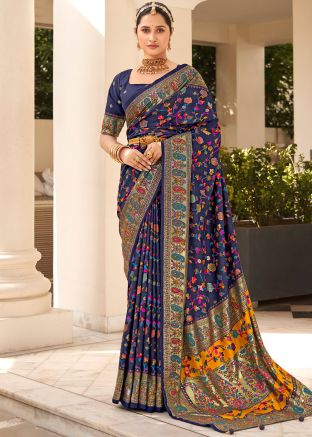 Dark Blue Floral Print Saree In Tussar Silk