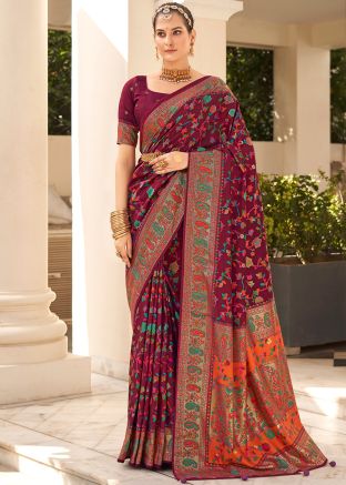 Wine Tussar Silk Saree In Floral Print