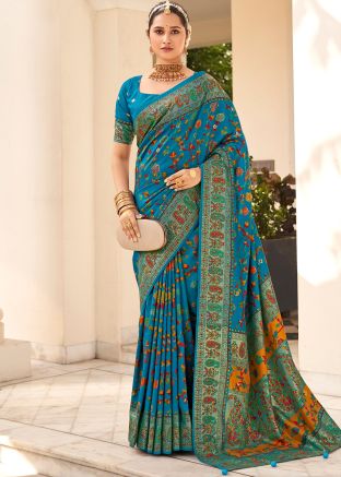 Teal Blue Floral Print Saree In Tussar Silk