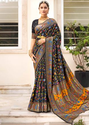 Black Floral Print Tussar Silk Saree