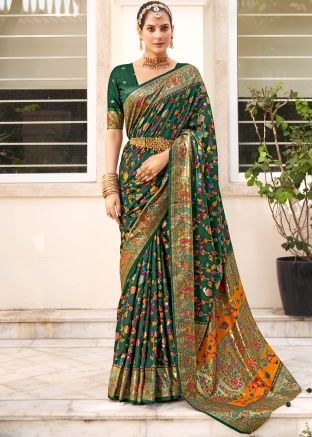 Tussar Silk Green Floral Print Saree